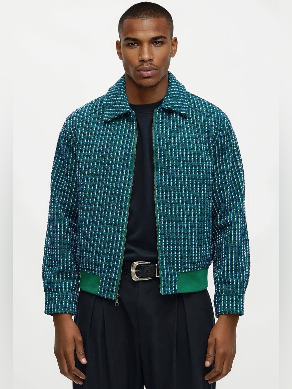Fashion Nova Teal Check Bomber Jacket
